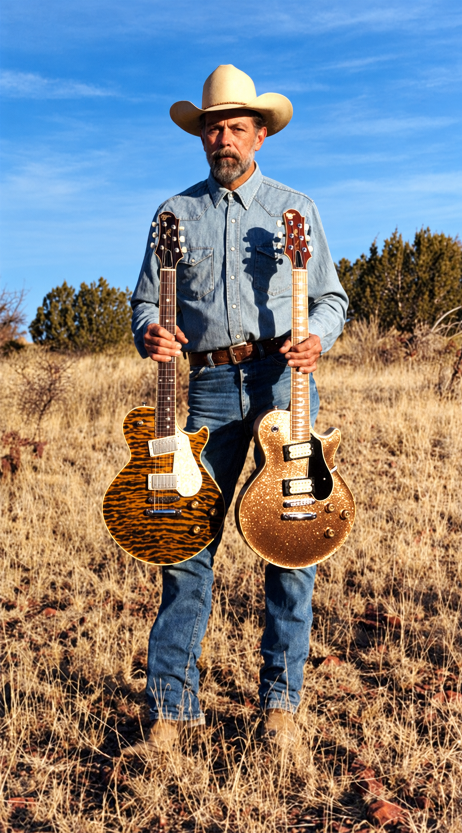 Michael Stevens outdoors in a cowboy hat and boots, holding two guitars