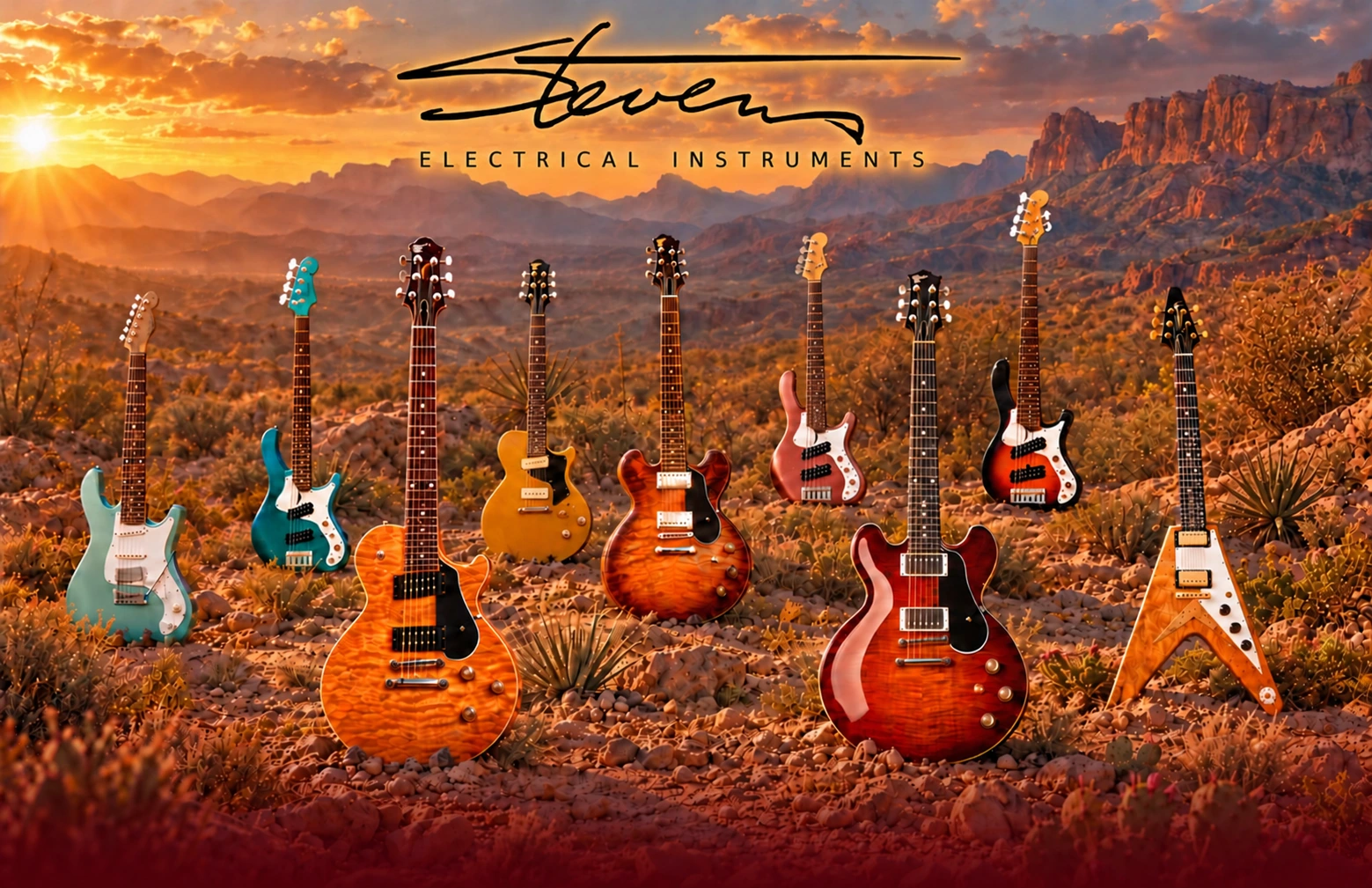 Stevens Electrical Instruments: electric guitars and basses in a glowing West Texas desert sunset